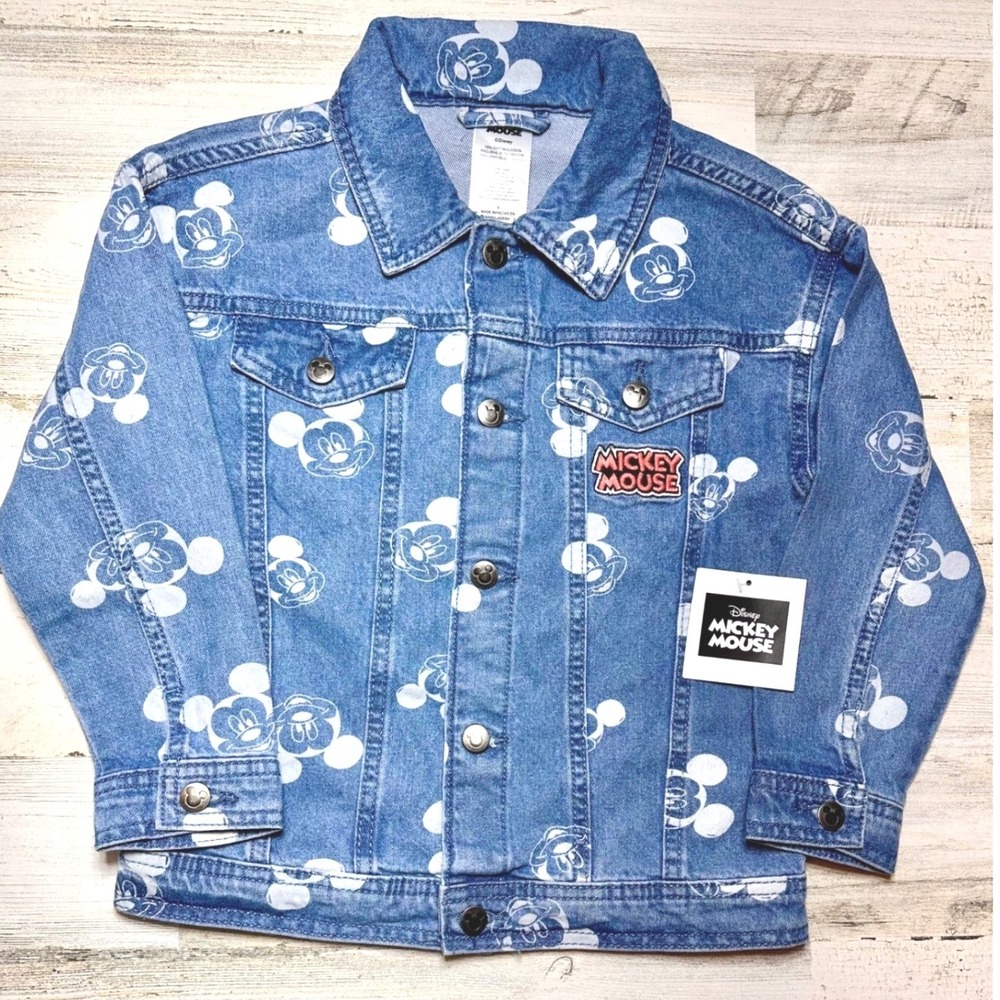 Disney Mickey Mouse Denim Jacket Kids Size 6 Blue NWT‎ All Over Print Trucker